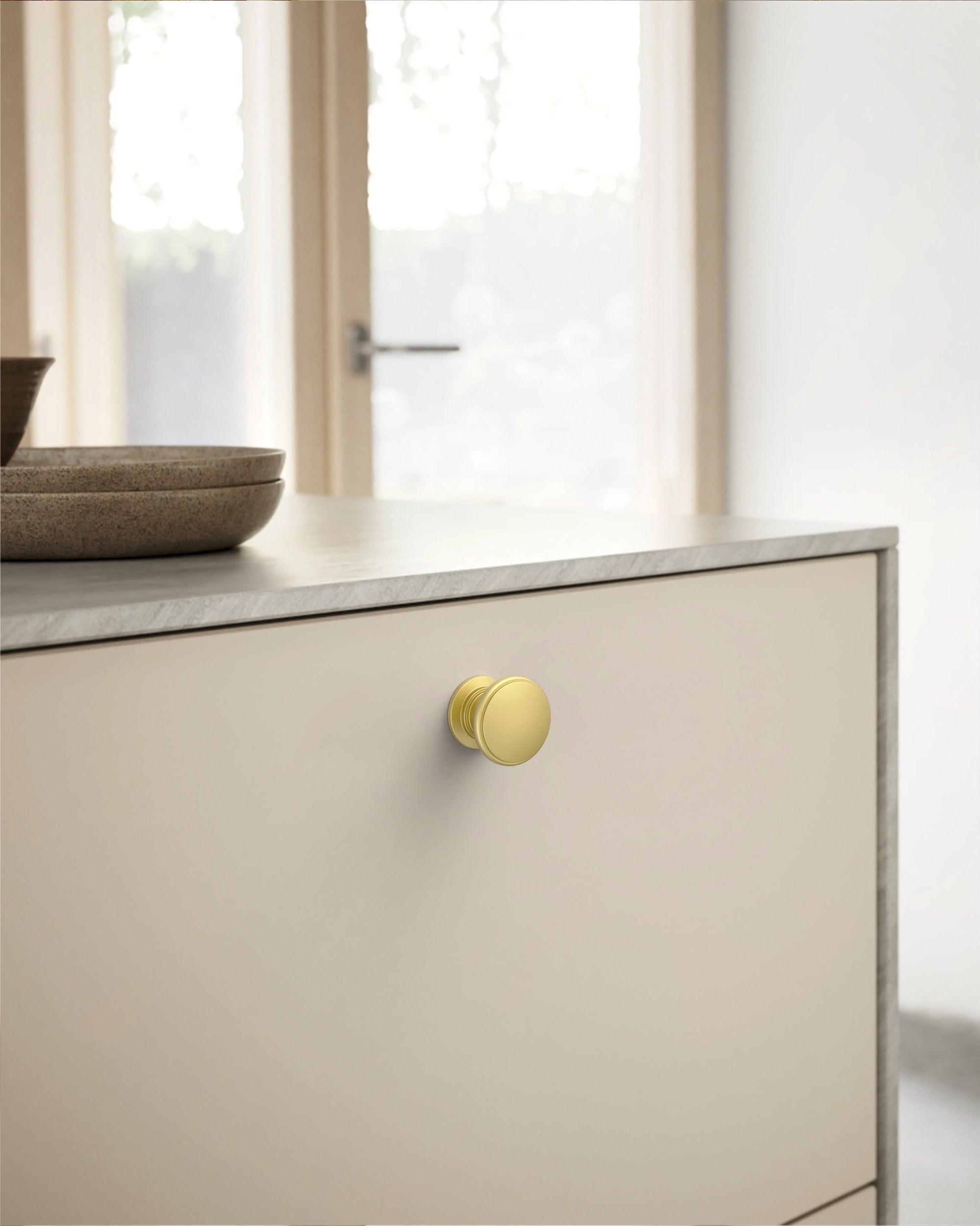 DESIGN1192 Brushed Gold Button Knobs for White & Navy Blue Cabinets | 1.18" Wide