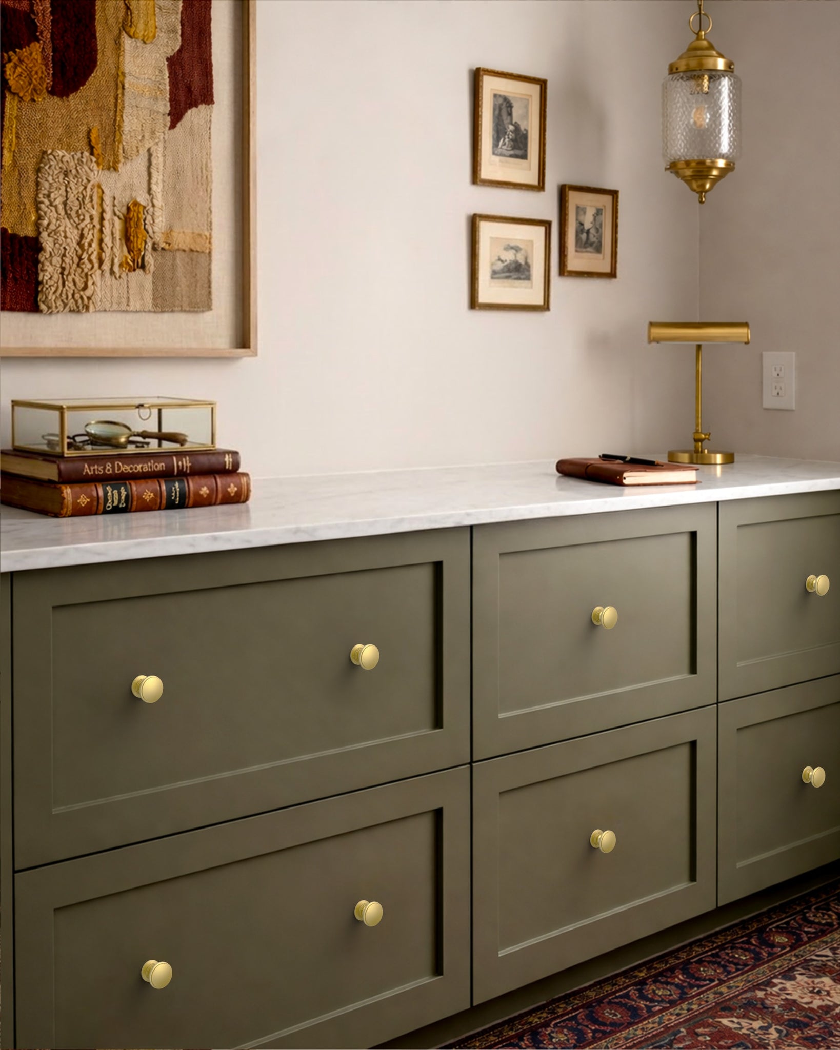 DESIGN1192 Brushed Gold Button Knobs for White & Navy Blue Cabinets | 1.18