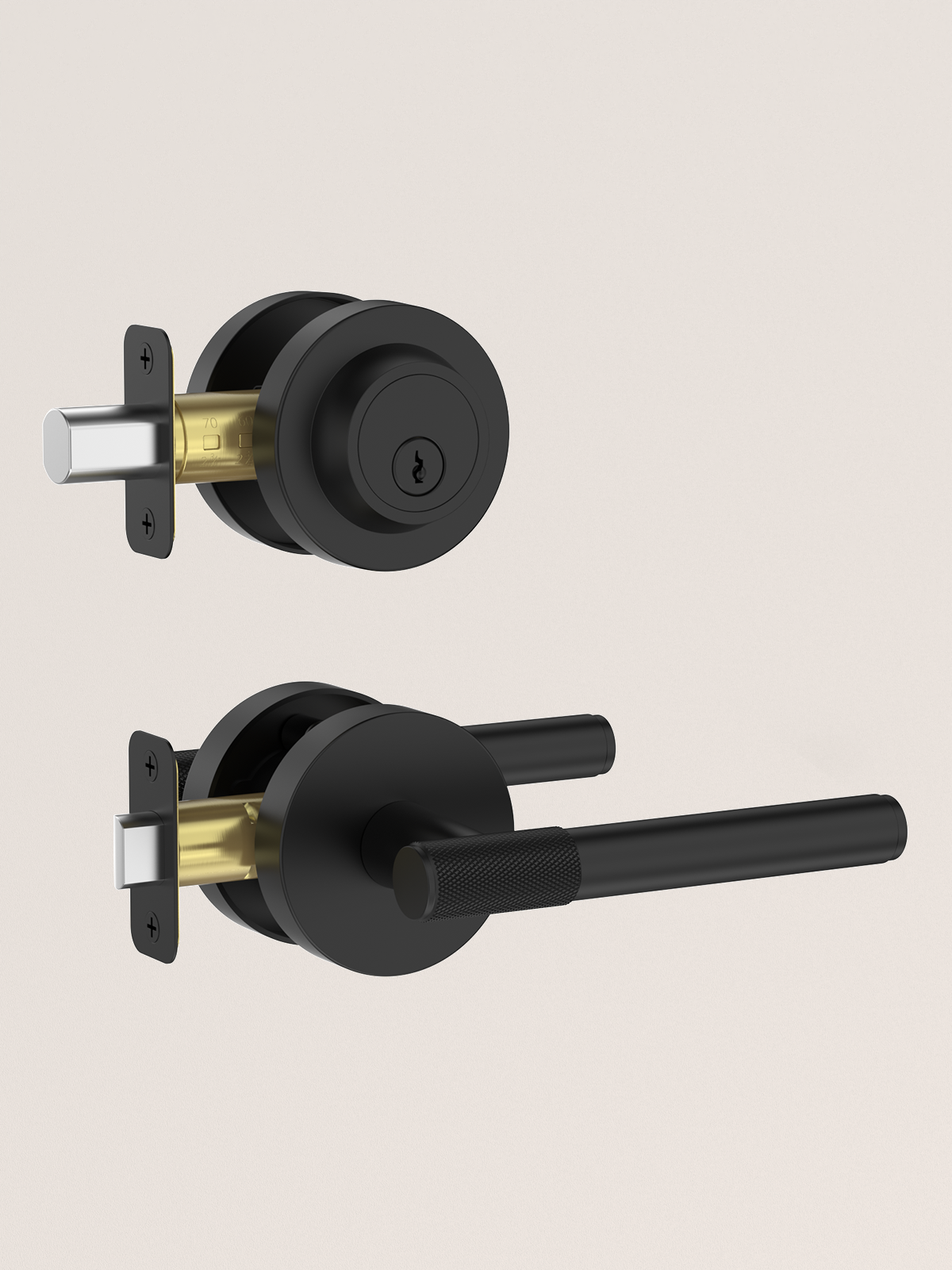 Z002-123A Matte Black Front Door Lock Set with Deadbolt – Rich Minimalist Knurled Entry Lever Combo