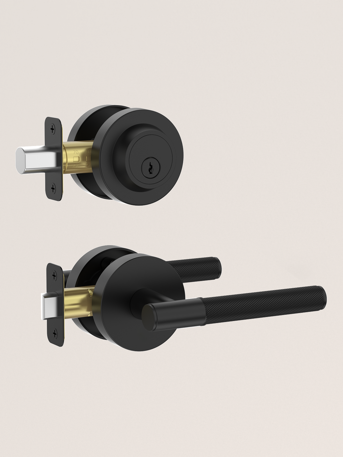 Z002-124A Matte Black Front Door Lock Set with Deadbolt – Rich Minimalist Knurled Entry Lever Combo