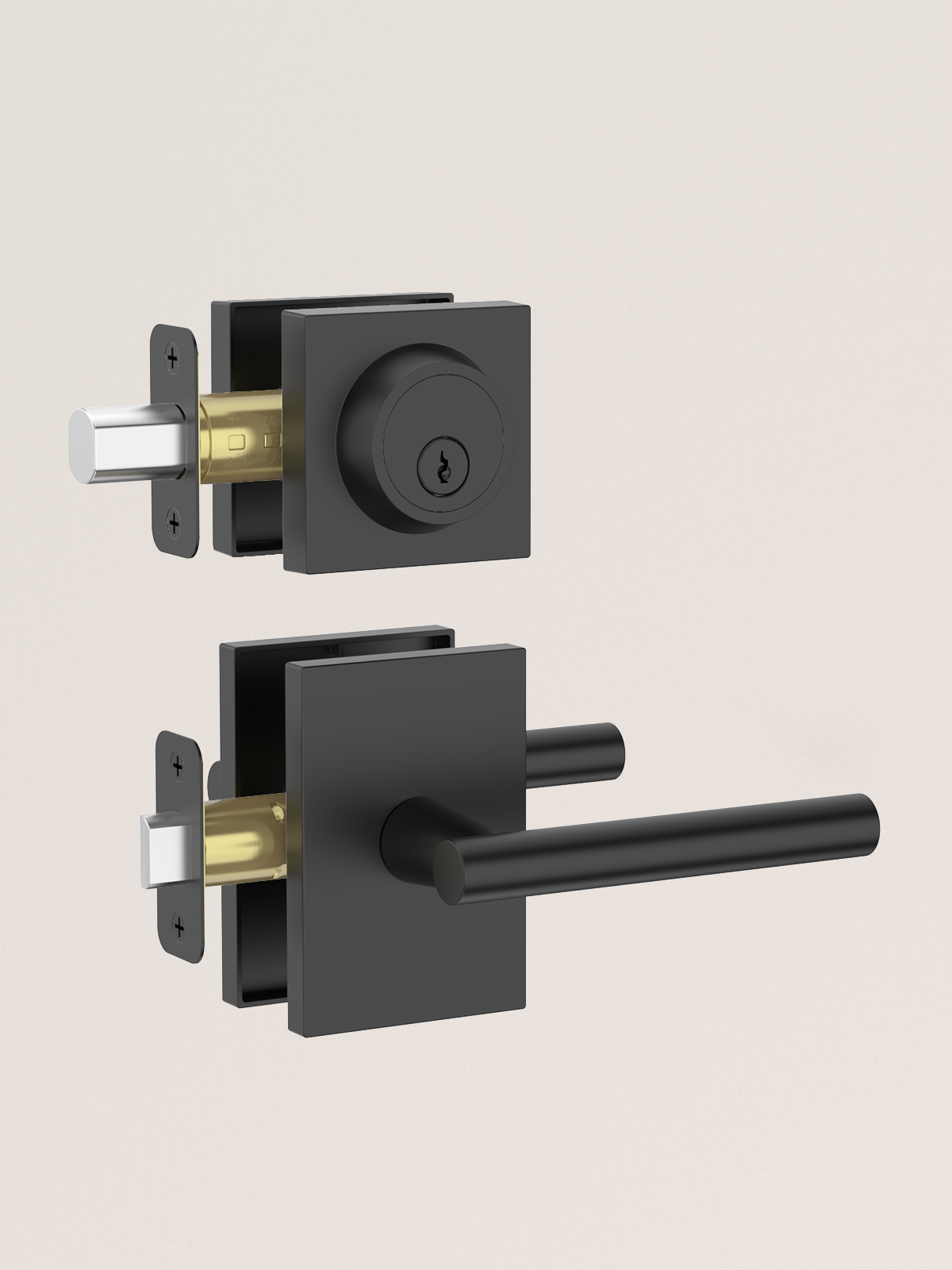 Z004-097Z Matte Black Front Door Lock Set with Deadbolt – Modern Square Door Handle Combo (2 Pack)