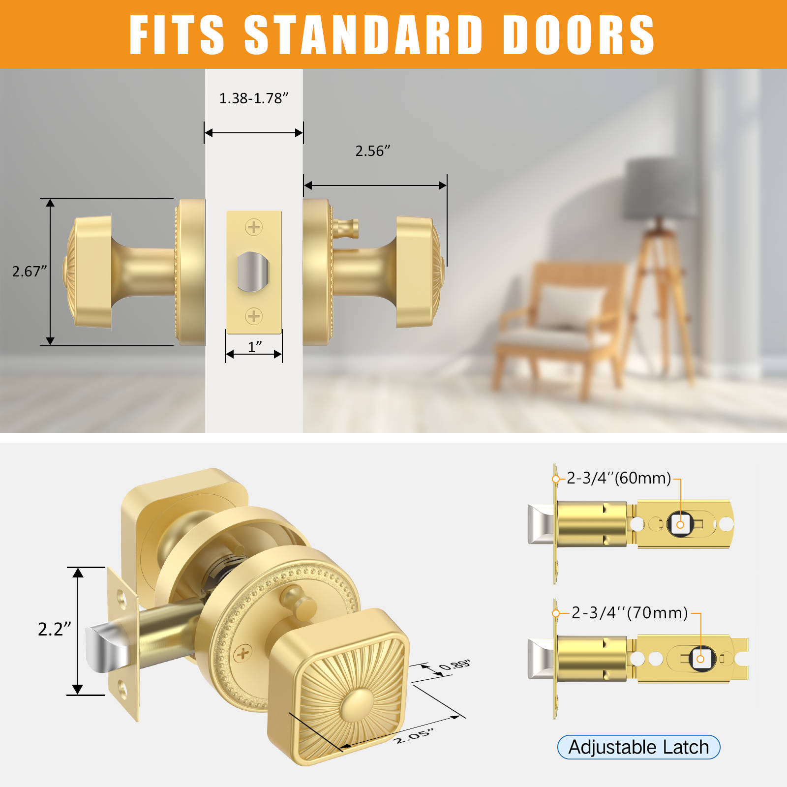 ZR12-212Z Brushed Gold Starburst Square Door Knobs with Beaded Rosette | Door Hardware