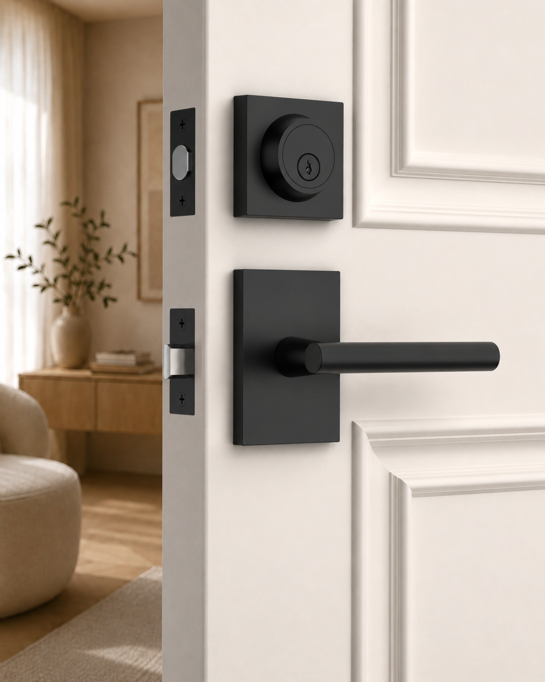 Z004-097Z Matte Black Front Door Lock Set with Deadbolt – Modern Square Door Handle Combo (2 Pack)