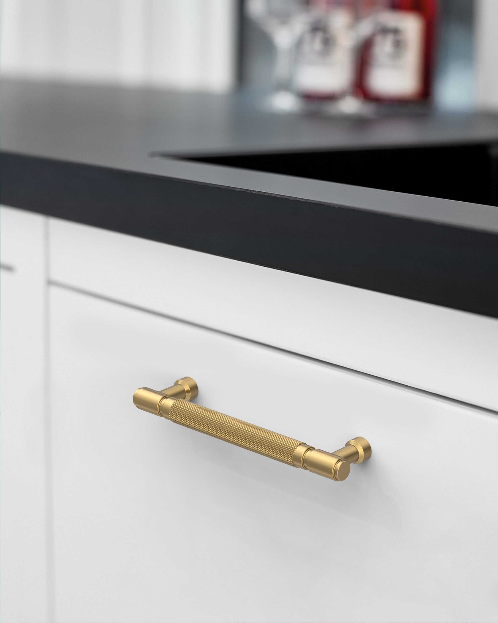 DESIGN4602 Solid Metal Knurled Handles | Charcoal Gray & White Cabinets (5", Satin Nickel)