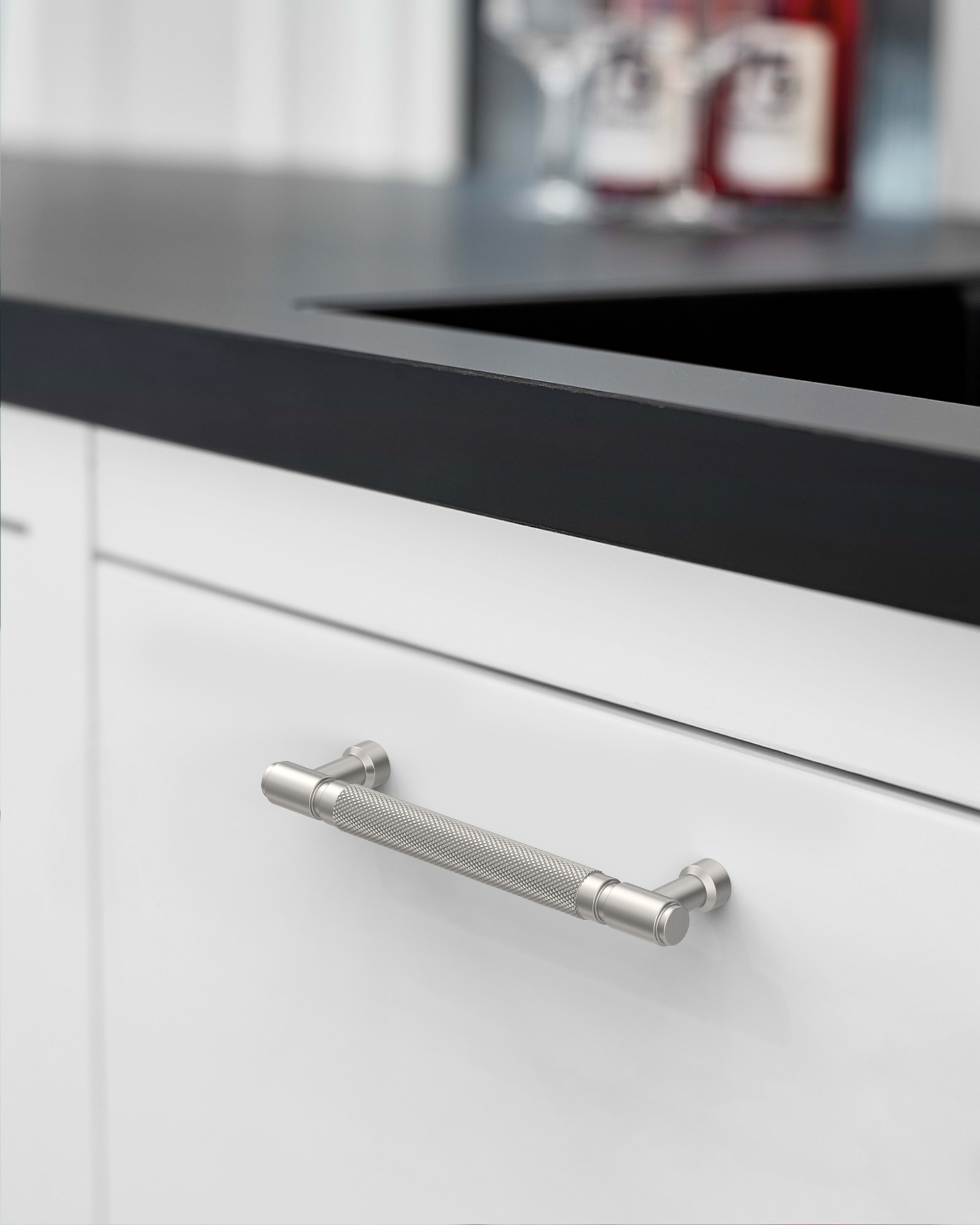 DESIGN4602 Solid Metal Knurled Handles | Charcoal Gray & White Cabinets (5", Satin Nickel)