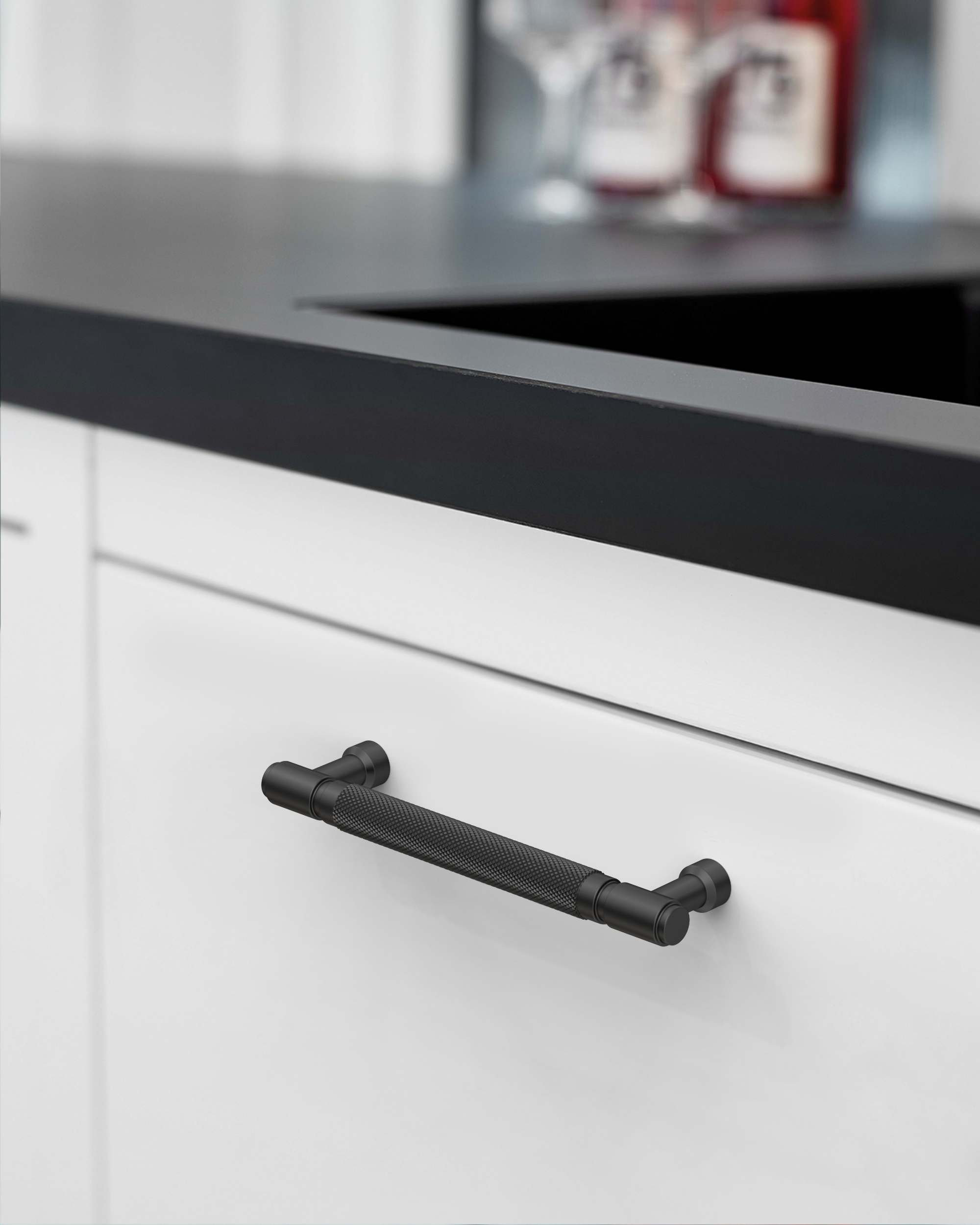 DESIGN4602 Solid Metal Knurled Handles | Charcoal Gray & White Cabinets (5", Satin Nickel)