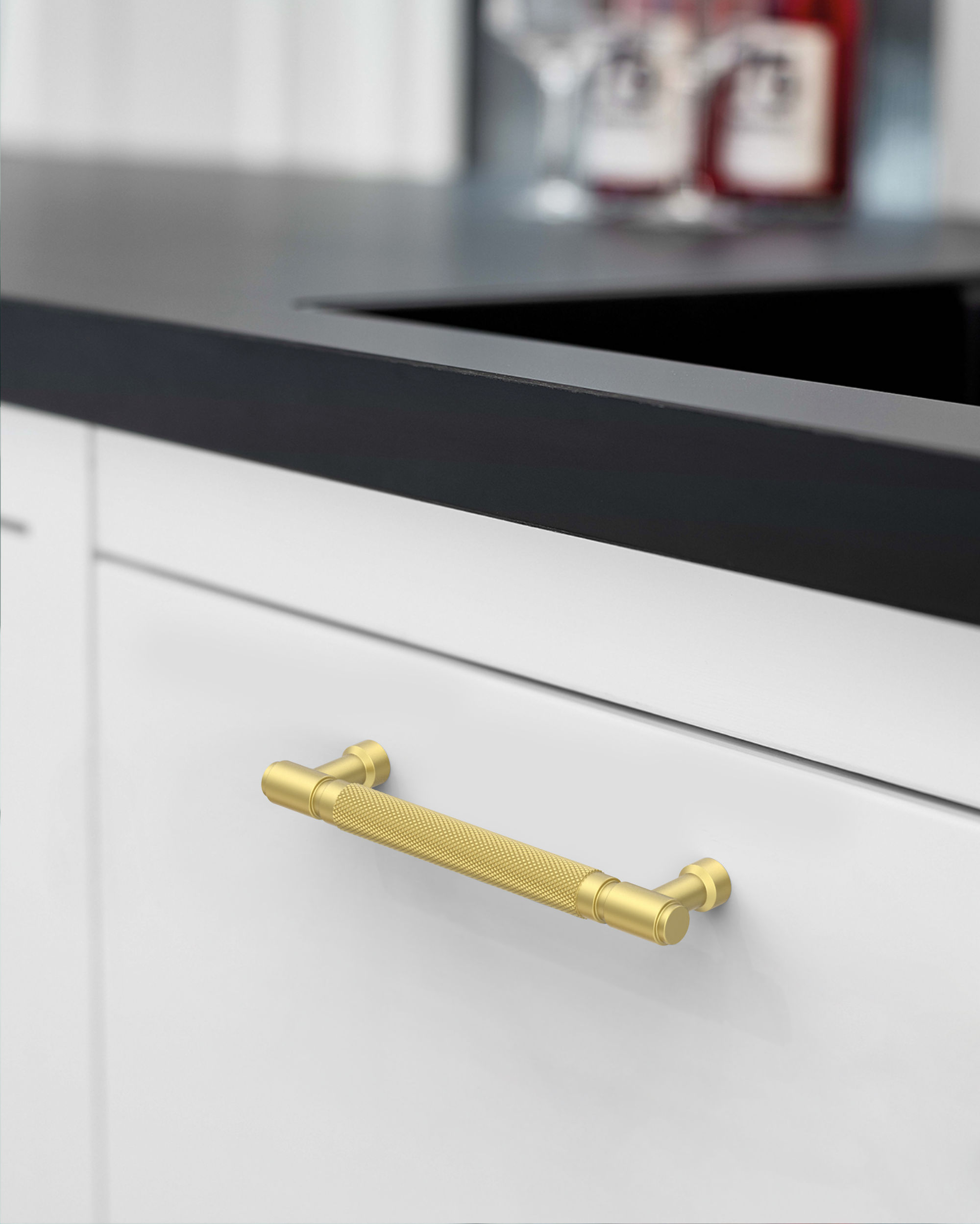 DESIGN4602 Solid Metal Knurled Handles | Charcoal Gray & White Cabinets (5", Satin Nickel)