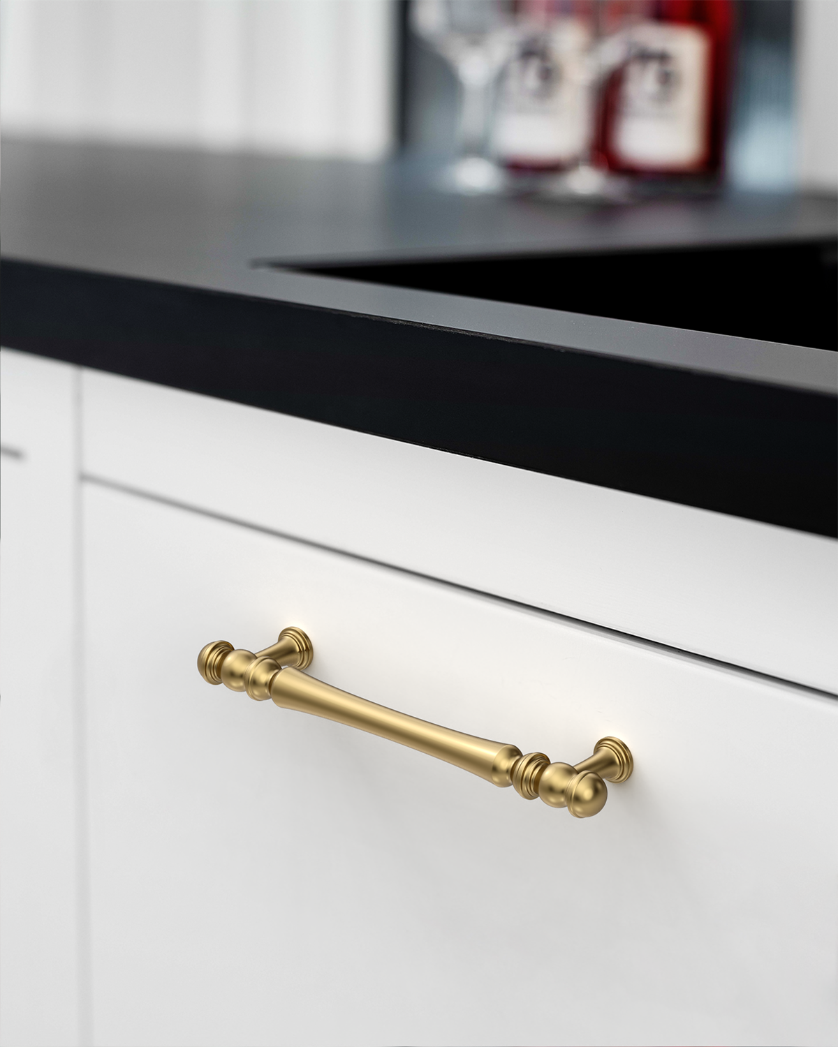 Design2322 Decorative Turned Pulls | Walnut Wood & White Raised Panel Cabinets