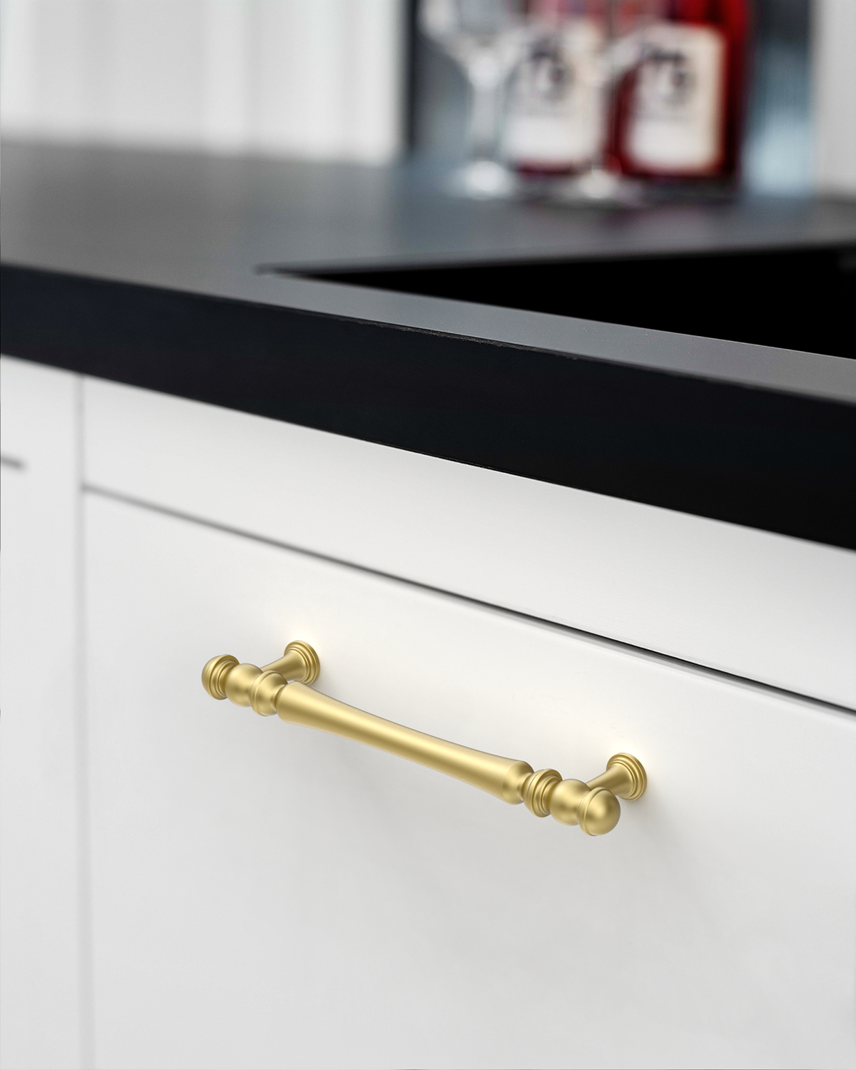 Design2322 Decorative Turned Pulls | Walnut Wood & White Raised Panel Cabinets