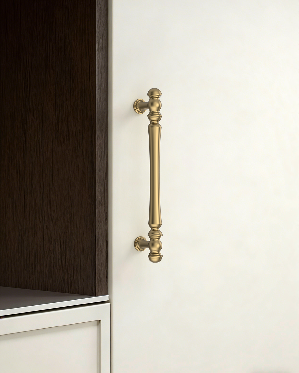 Design2322 Decorative Turned Pulls | Walnut Wood & White Raised Panel Cabinets