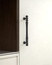 Design2322 Decorative Turned Pulls | Walnut Wood & White Raised Panel Cabinets