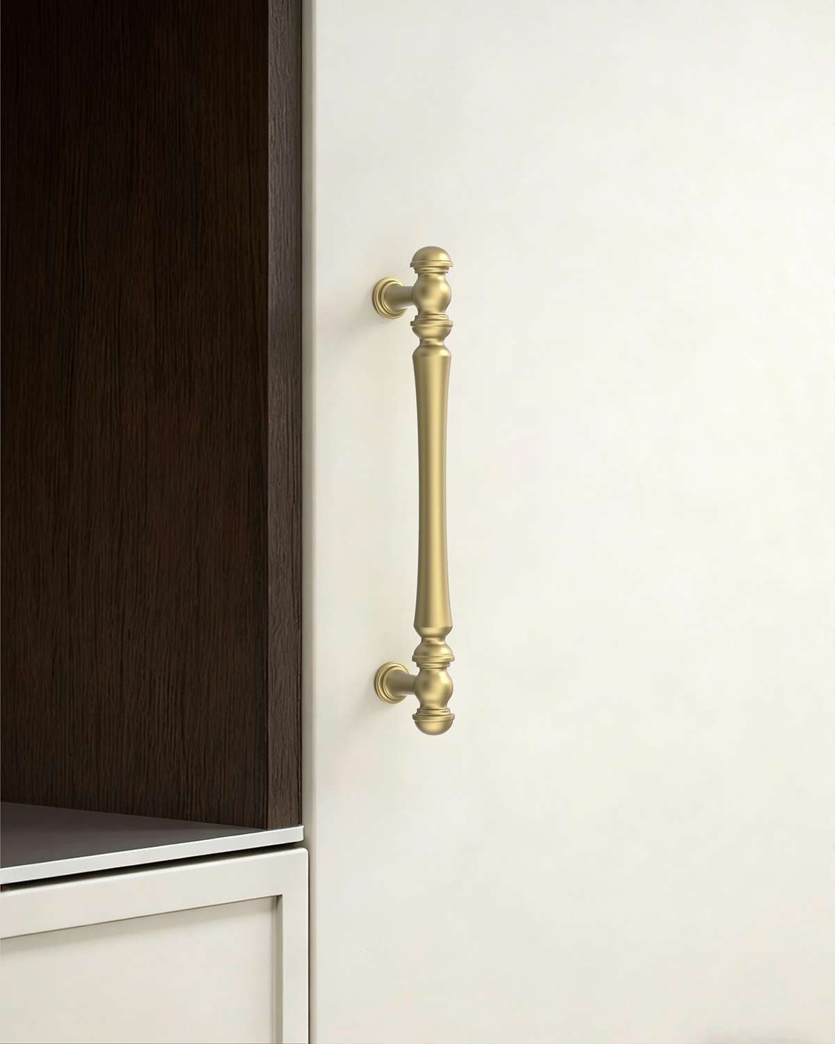 Design2322 Decorative Turned Pulls | Walnut Wood & White Raised Panel Cabinets