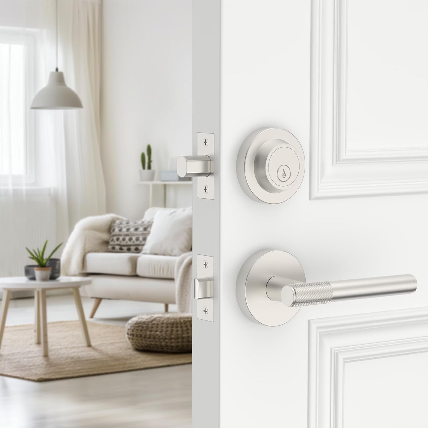 Z002-123A Matte Black Front Door Lock Set with Deadbolt – Rich Minimalist Knurled Entry Lever Combo