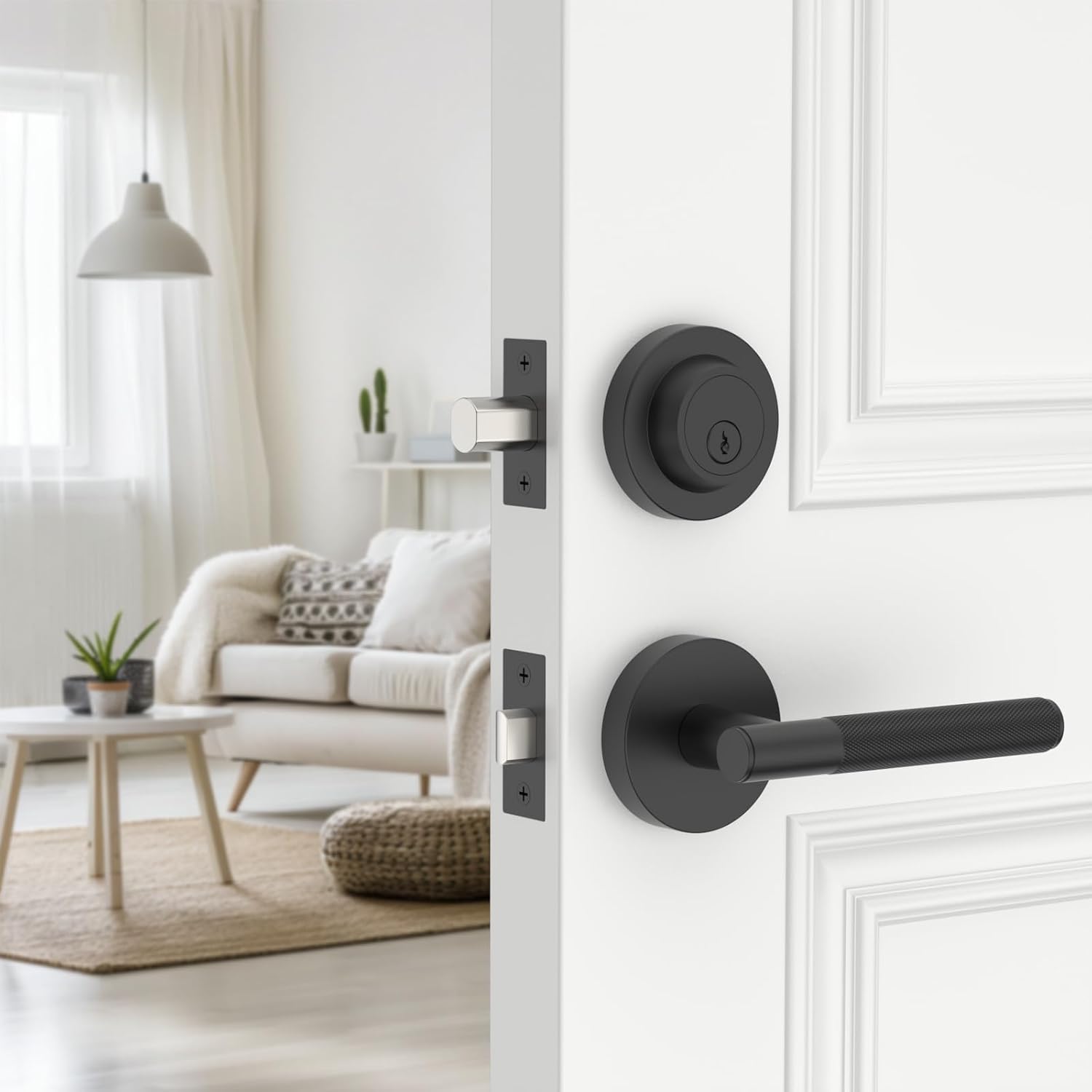 Z002-124A Matte Black Door Handles with Deadbolt, Heavy-Duty Solid Zinc Alloy | Passage
