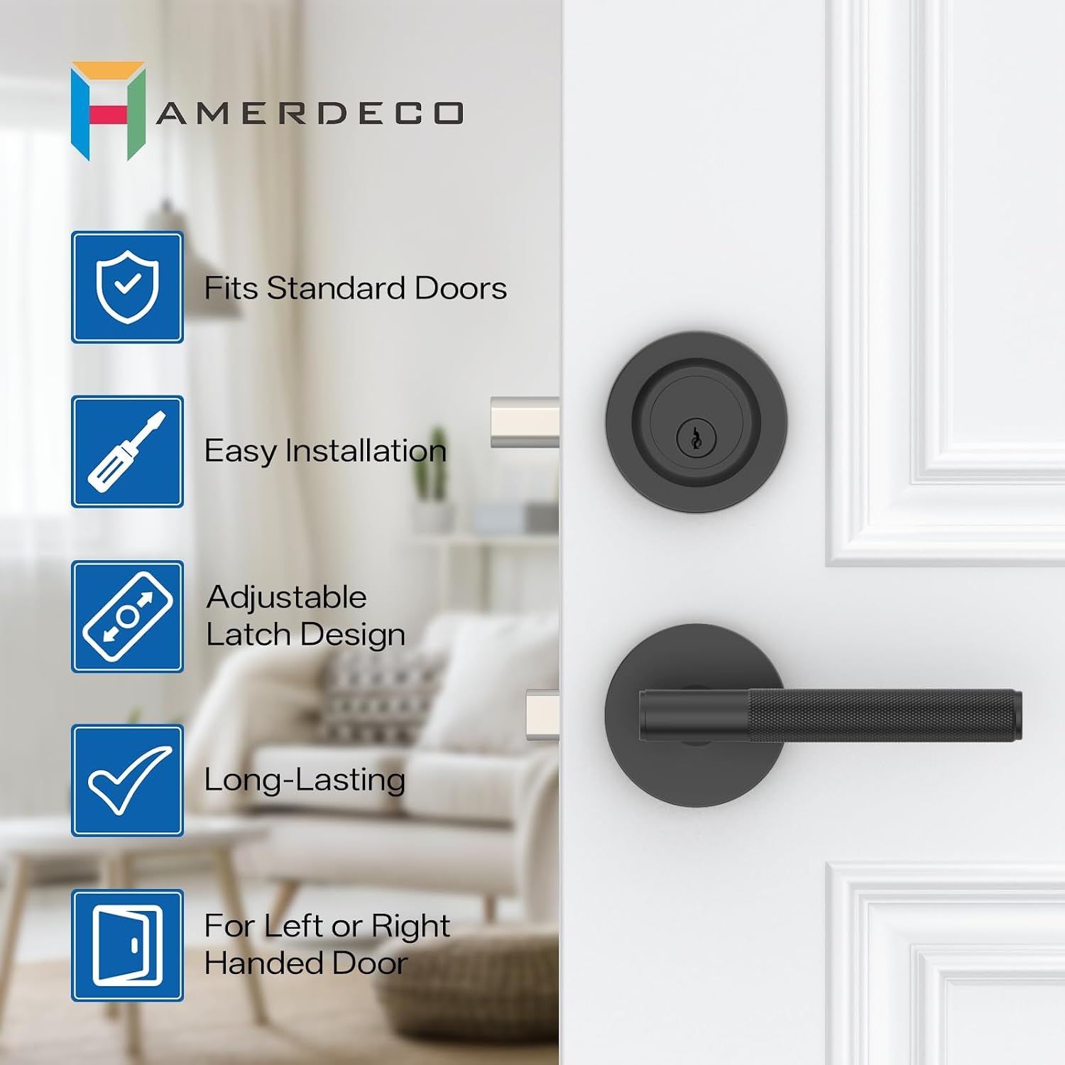 Z002-124A Matte Black Door Handles with Deadbolt, Heavy-Duty Solid Zinc Alloy | Passage