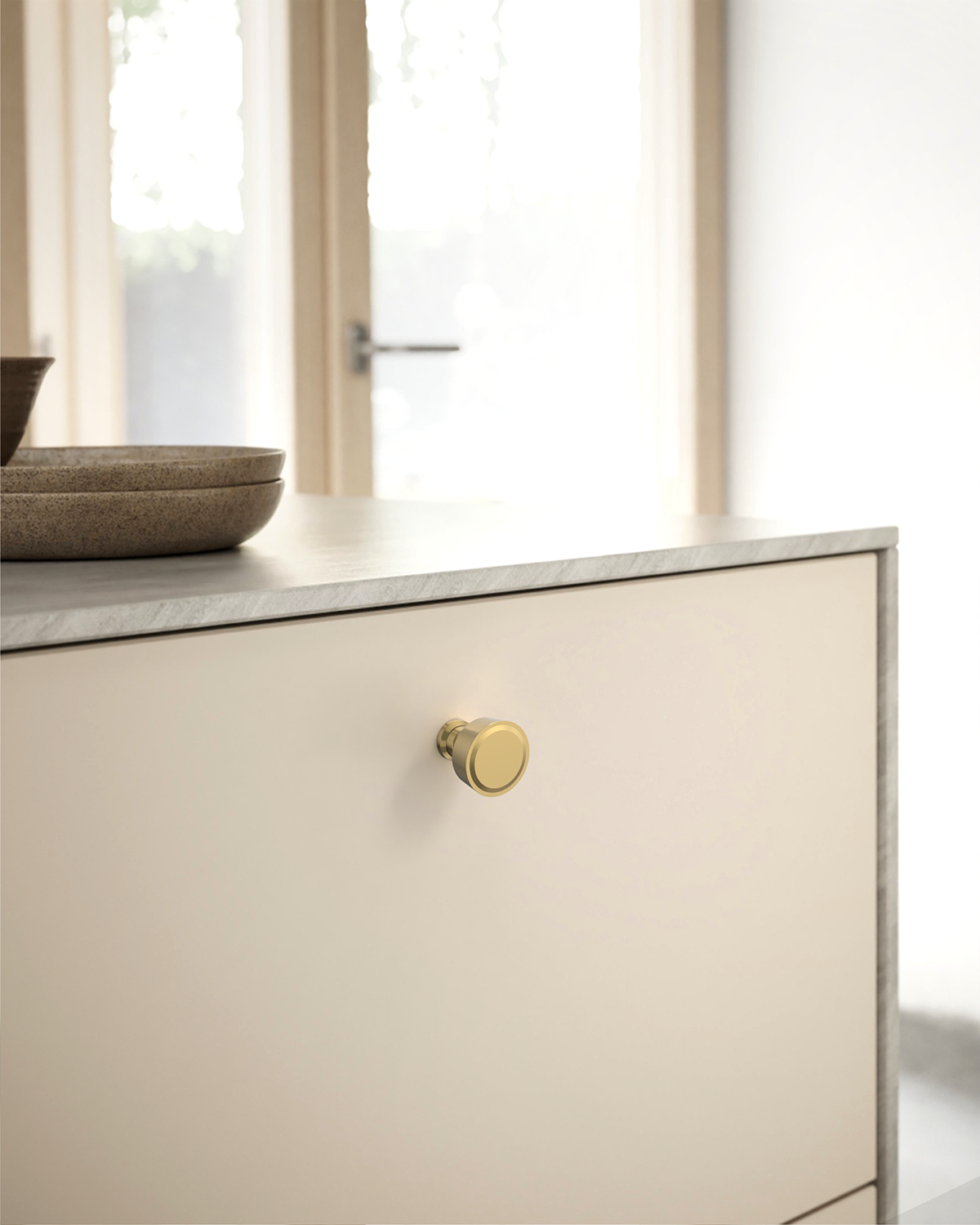 DESIGN4592 Stepped Knobs | Sage Green & White Shaker Cabinets (Champagne Bronze)