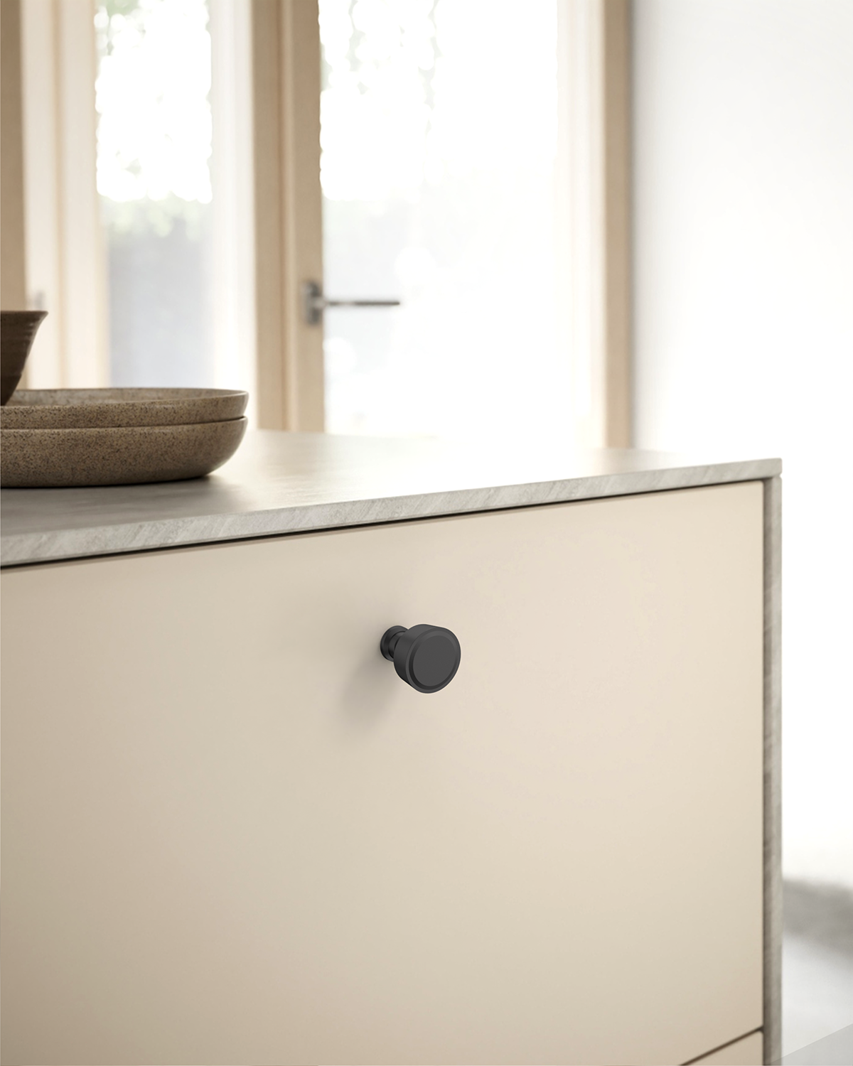 DESIGN4592 Stepped Knobs | Sage Green & White Shaker Cabinets (Champagne Bronze)