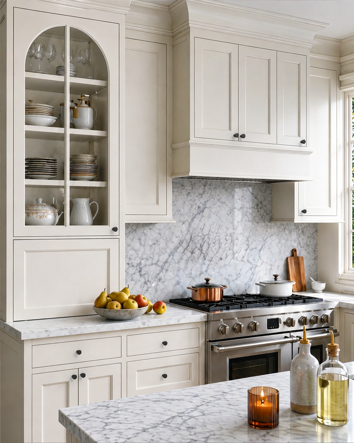 DESIGN4592 Stepped Knobs | Sage Green & White Shaker Cabinets (Champagne Bronze)