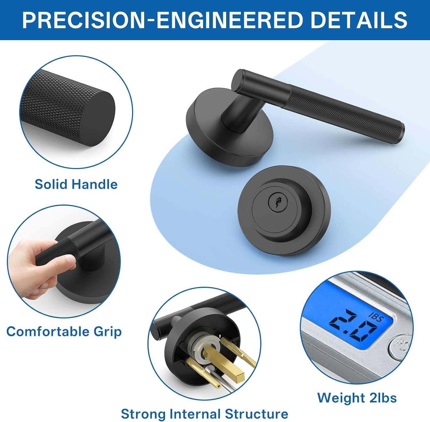 Z002-124A Matte Black Door Handles with Deadbolt, Heavy-Duty Solid Zinc Alloy | Passage