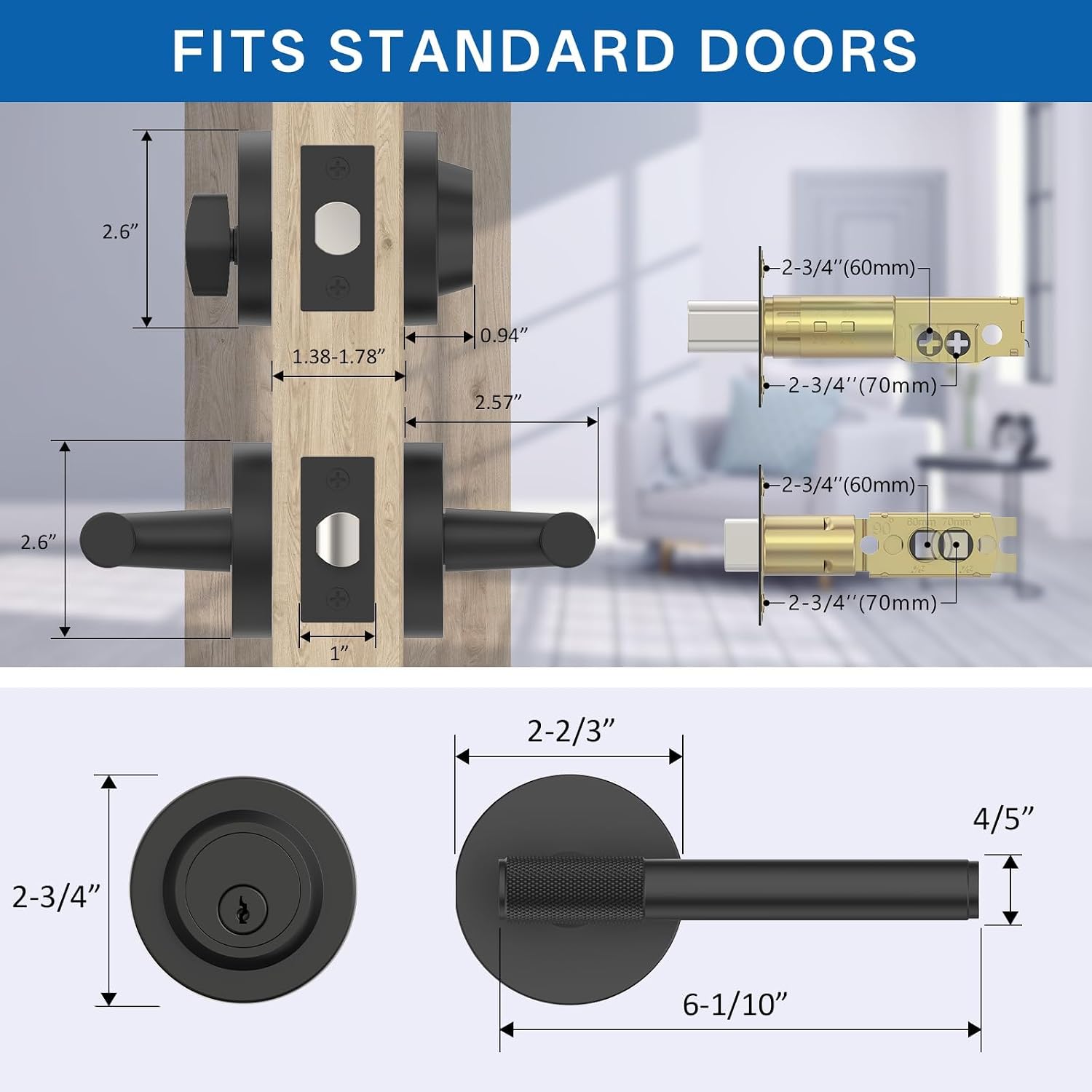 Z002-123A Matte Black Front Door Lock Set, Double Cylinder Heavy-Duty Solid Zinc Alloy | Keyed Entry