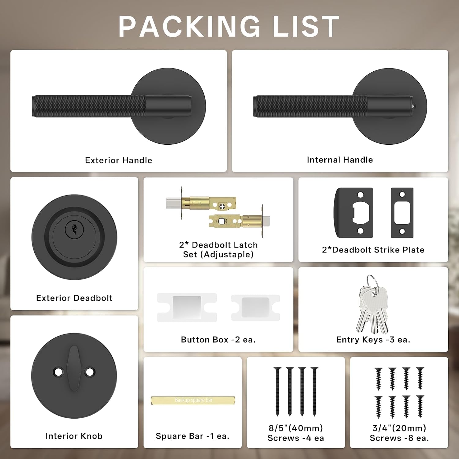 Z002-124A Matte Black Door Handles with Deadbolt, Heavy-Duty Solid Zinc Alloy | Passage