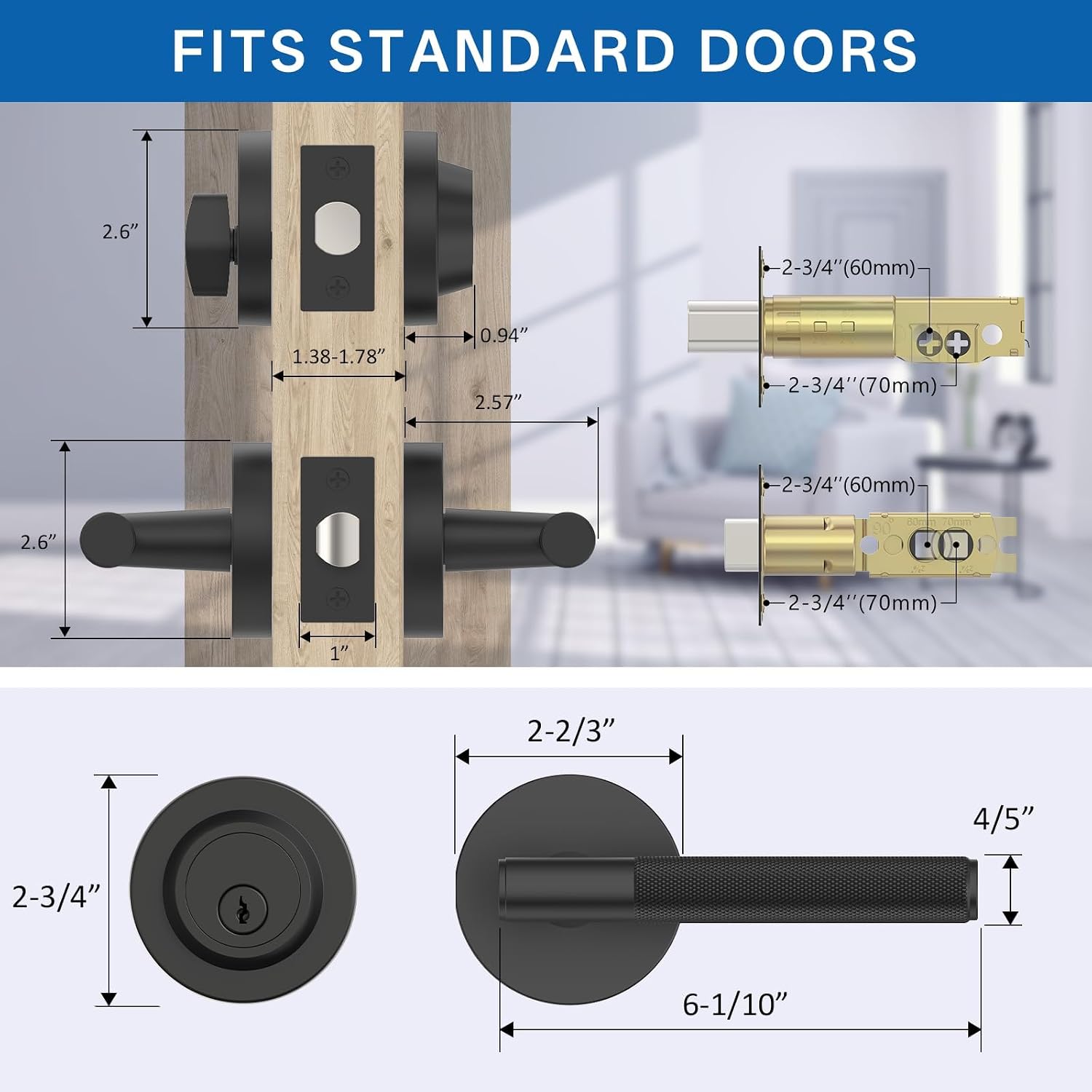 Z002-124A Matte Black Door Handles with Deadbolt, Heavy-Duty Solid Zinc Alloy | Passage