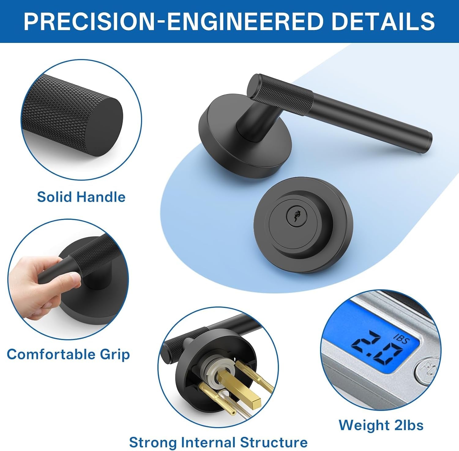 Z002-123A Matte Black Front Door Lock Set, Double Cylinder Heavy-Duty Solid Zinc Alloy | Keyed Entry