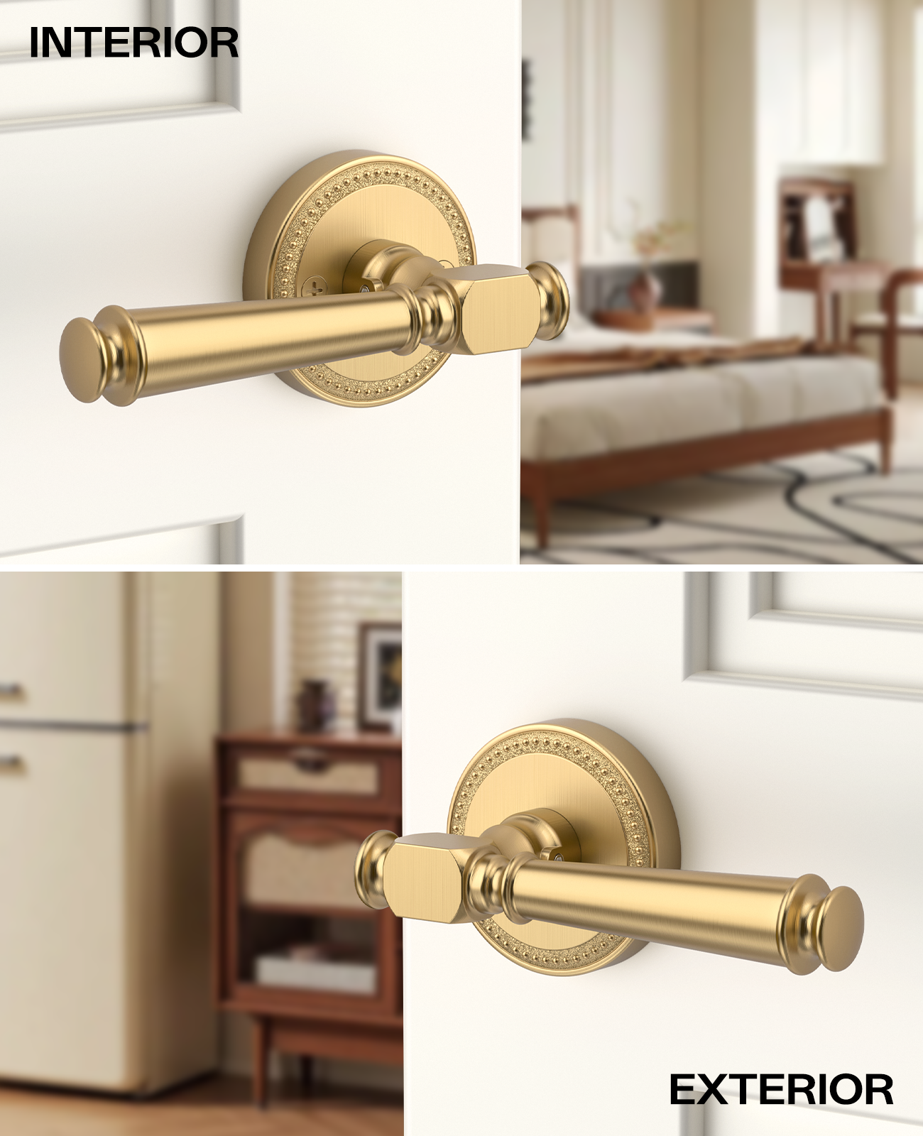 ZR12-054A Satin Champagne Bronze Door Levers with Beaded Rosette | Privacy, Passage, Dummy