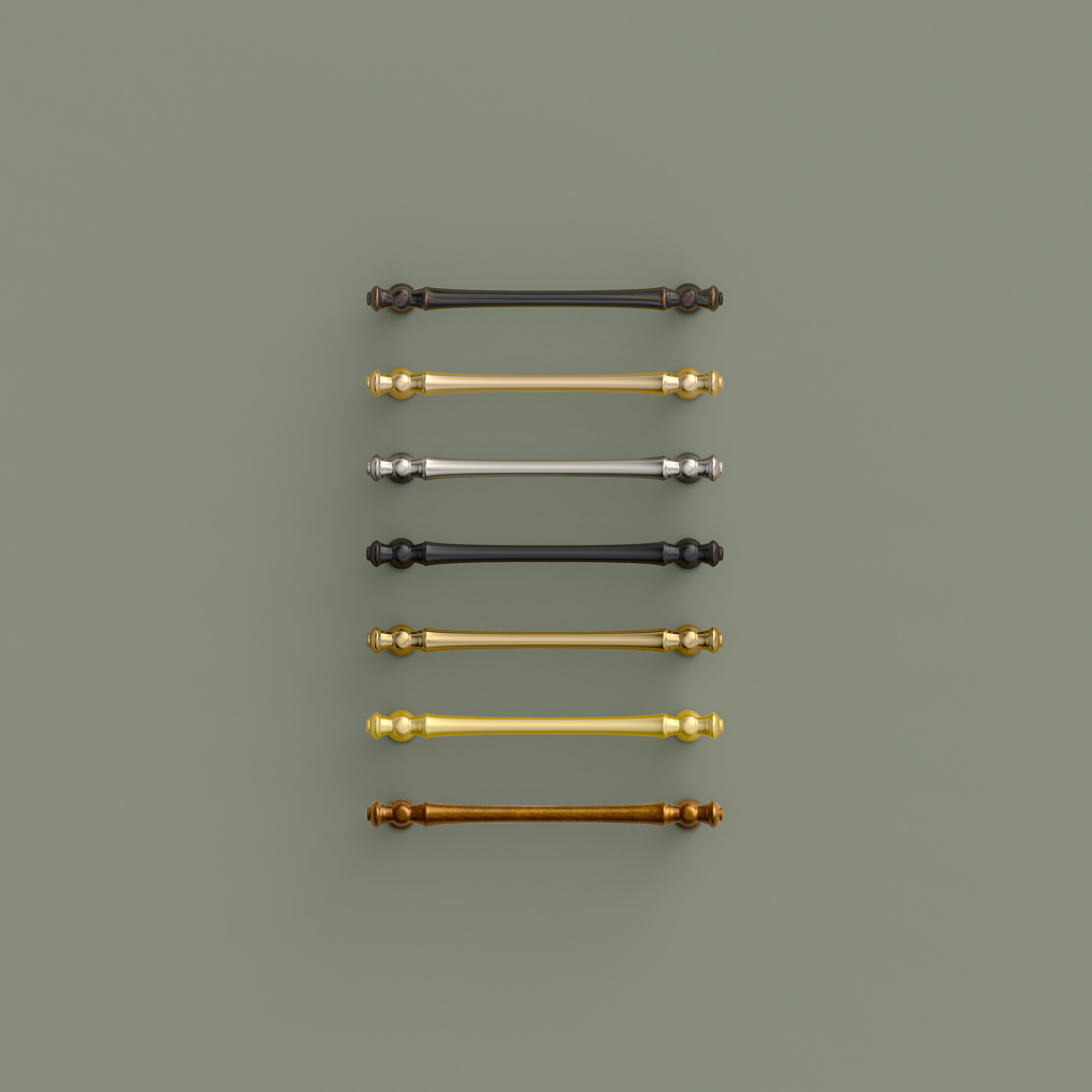 green wood kitchen cabinets with different color cabinet handles including brushed brass matte black and nickel finishes