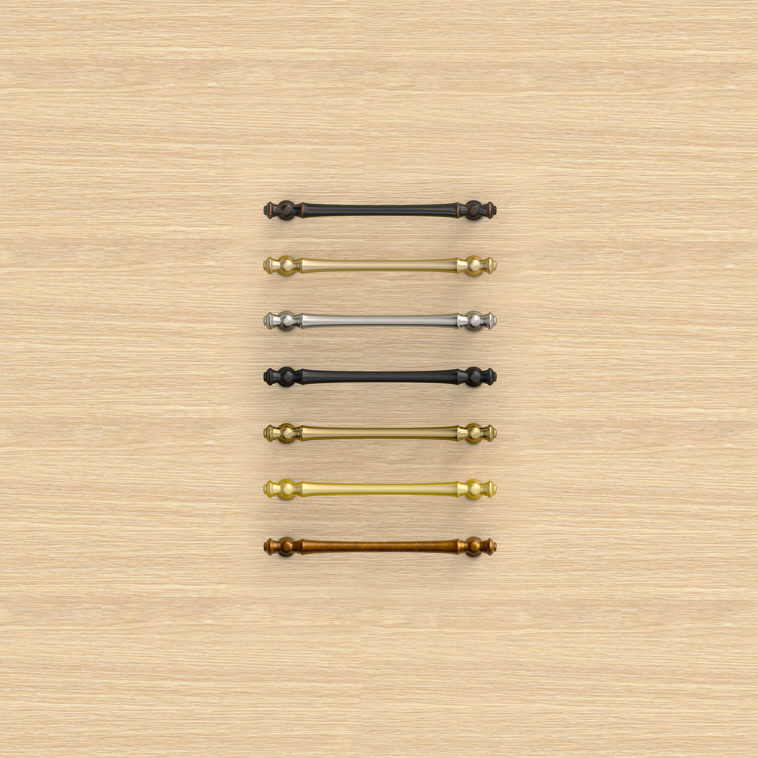 light wood kitchen cabinets styled with cabinet handles in multiple finishes such as brushed brass, matte black, brushed nickel and bronze for modern home design