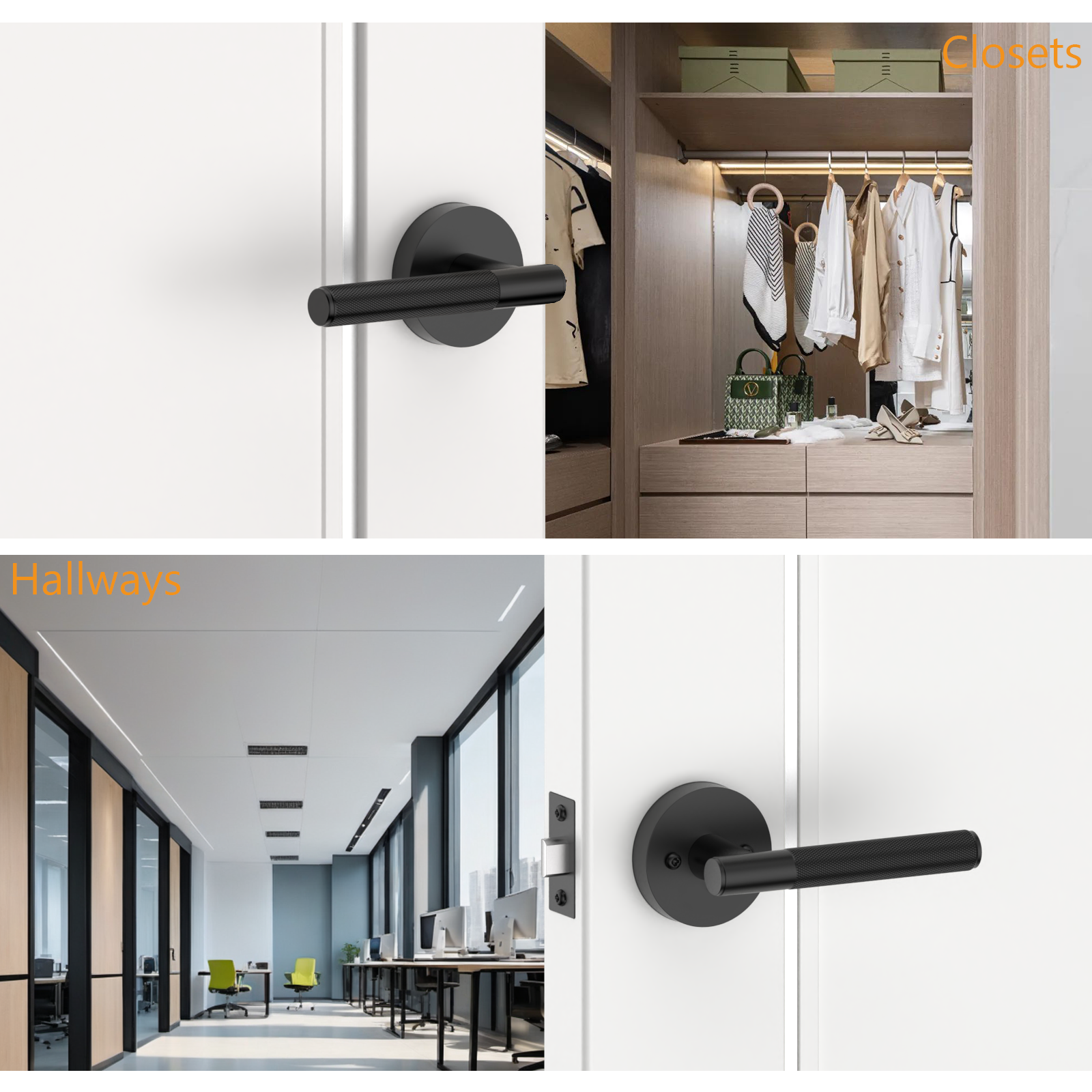 ZR02-124A Matte Black Door Handles | Modern Knurled Lever Door Locks (Privacy, Passage, Dummy)