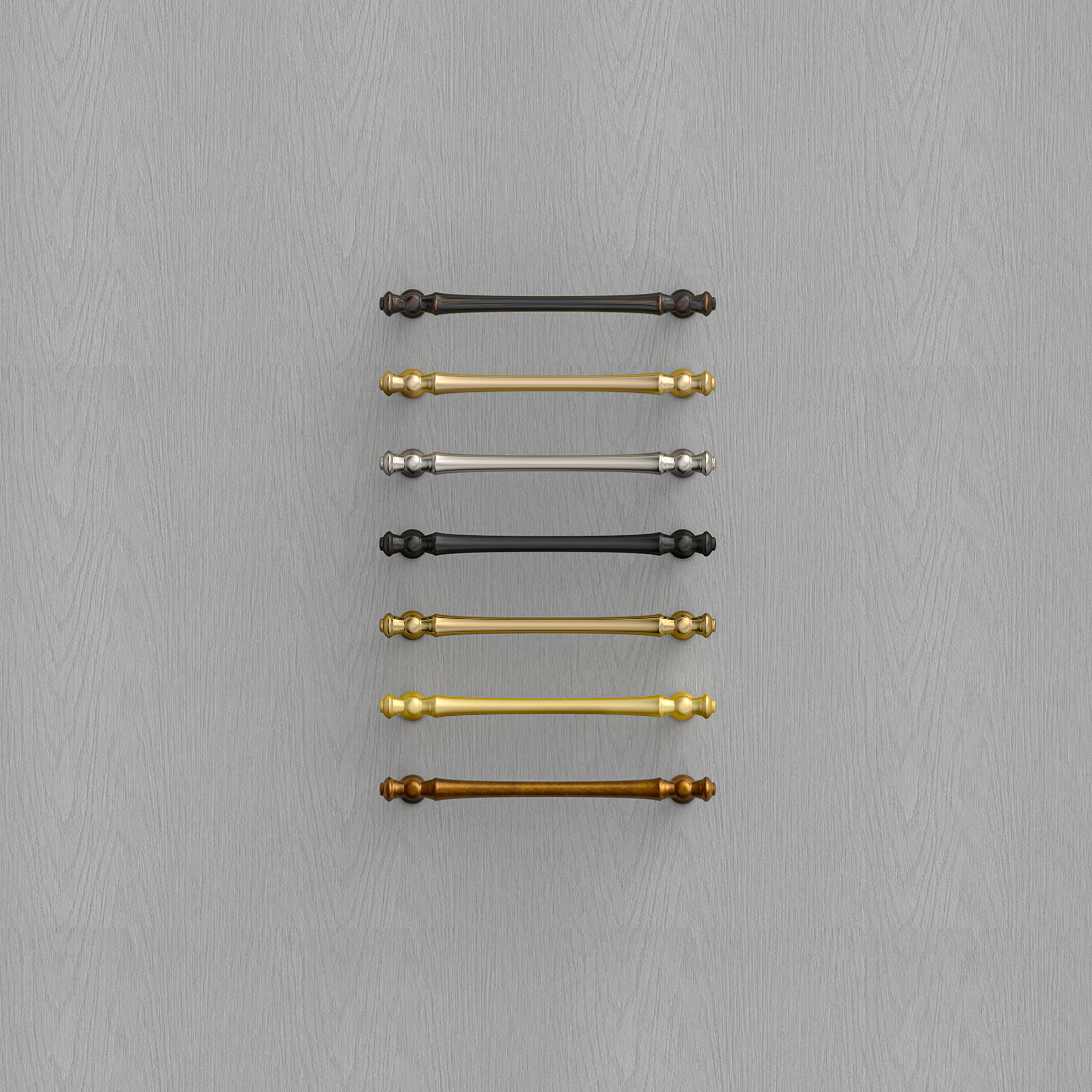gray wooden kitchen cabinets with brushed brass, matte black and nickel cabinet handles in modern kitchen design