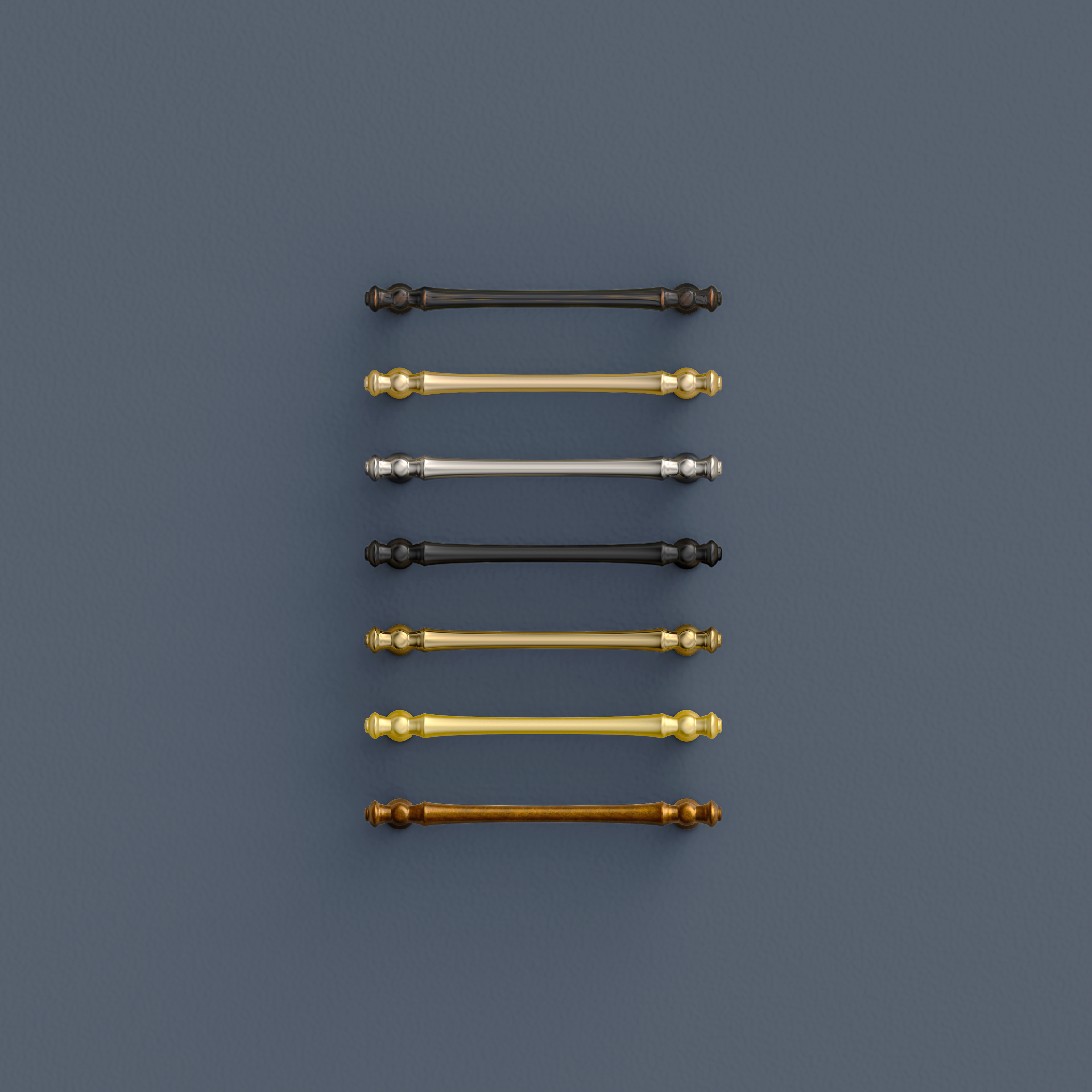 navy blue kitchen cabinets with cabinet handles in multiple finishes for modern kitchen and furniture hardware design