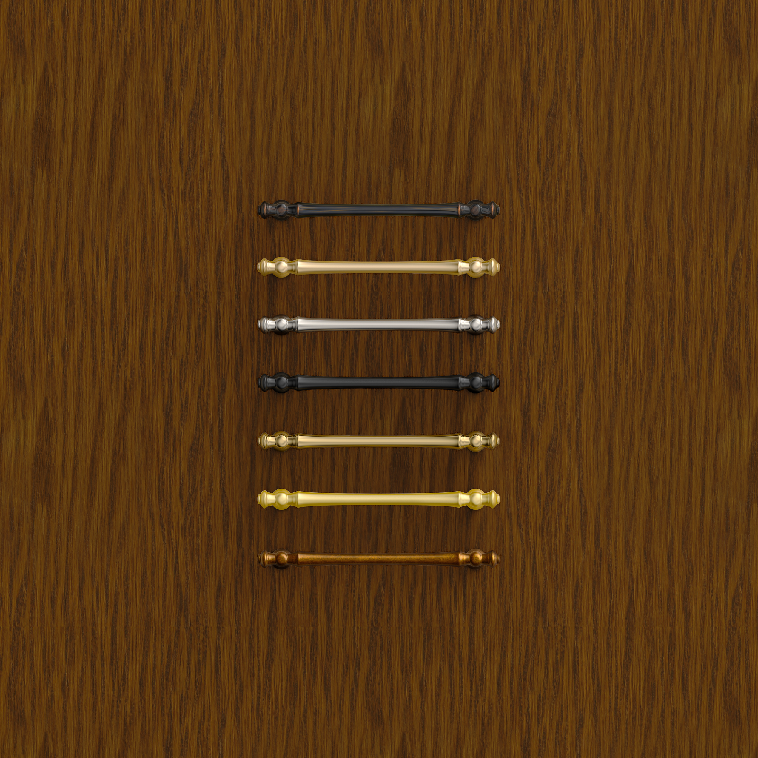 deep red walnut wood cabinets with brushed brass matte black and nickel cabinet handles for modern kitchen design