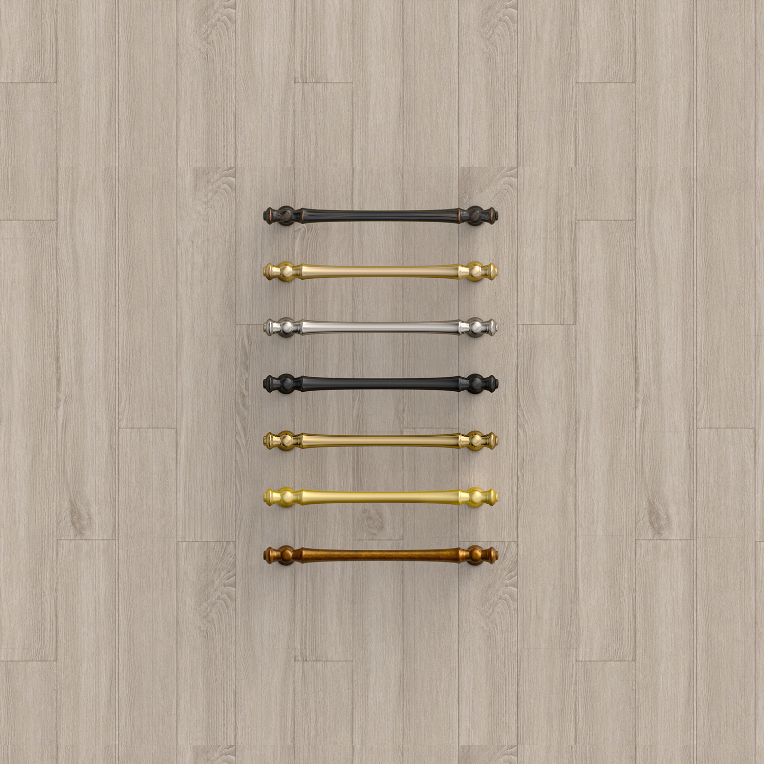 modern cabinet handles in brushed brass, matte black and nickel finishes on warm grey wooden kitchen cabinets